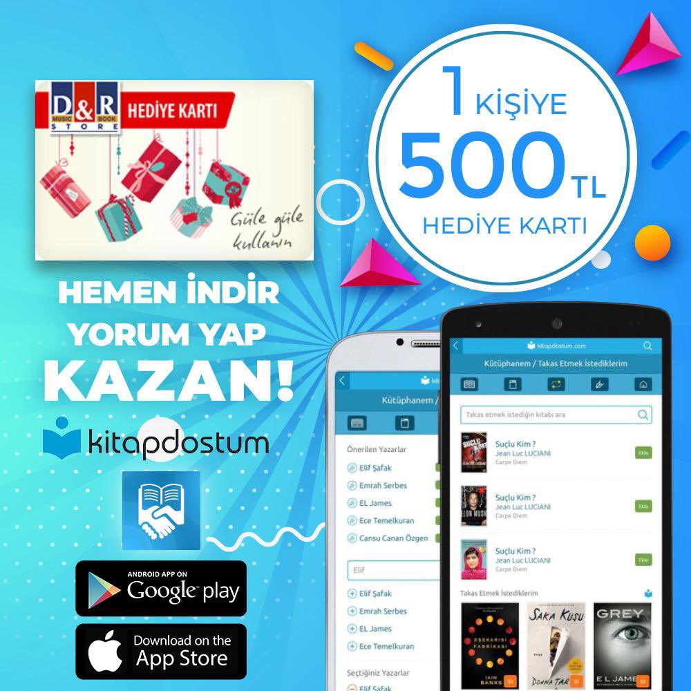 Sevgili kitapdostları sizler için güzel bir yılbaşı çekilişi hazırladık.

🔷1 kişiye 500 TL değerinde dnr hediye çeki hediye ediyoruz.

Yapmanız gerekenler;
🔷Kitap dostum uygulamasını telinize indirip , uygulama içinden yeni yıl dileğinizle ilgili yorum yapmanız gerekiyor.