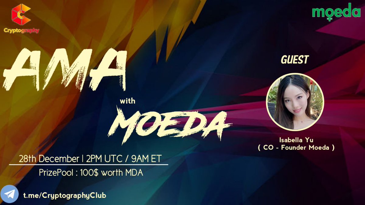 SkymanVentures's tweet photo. Dear community, We will hold an #AMA session with @moedaseeds on 28th of December 2PM UTC

The reward pool: $100 worth MDA

Follow:
@Cryptography__ &amp; @moedaseeds
Like, Retweet &amp; tag 2 friends
Ask your questions below 
" Max 2 questions each person " https://t.co/g6ImbVBlqO