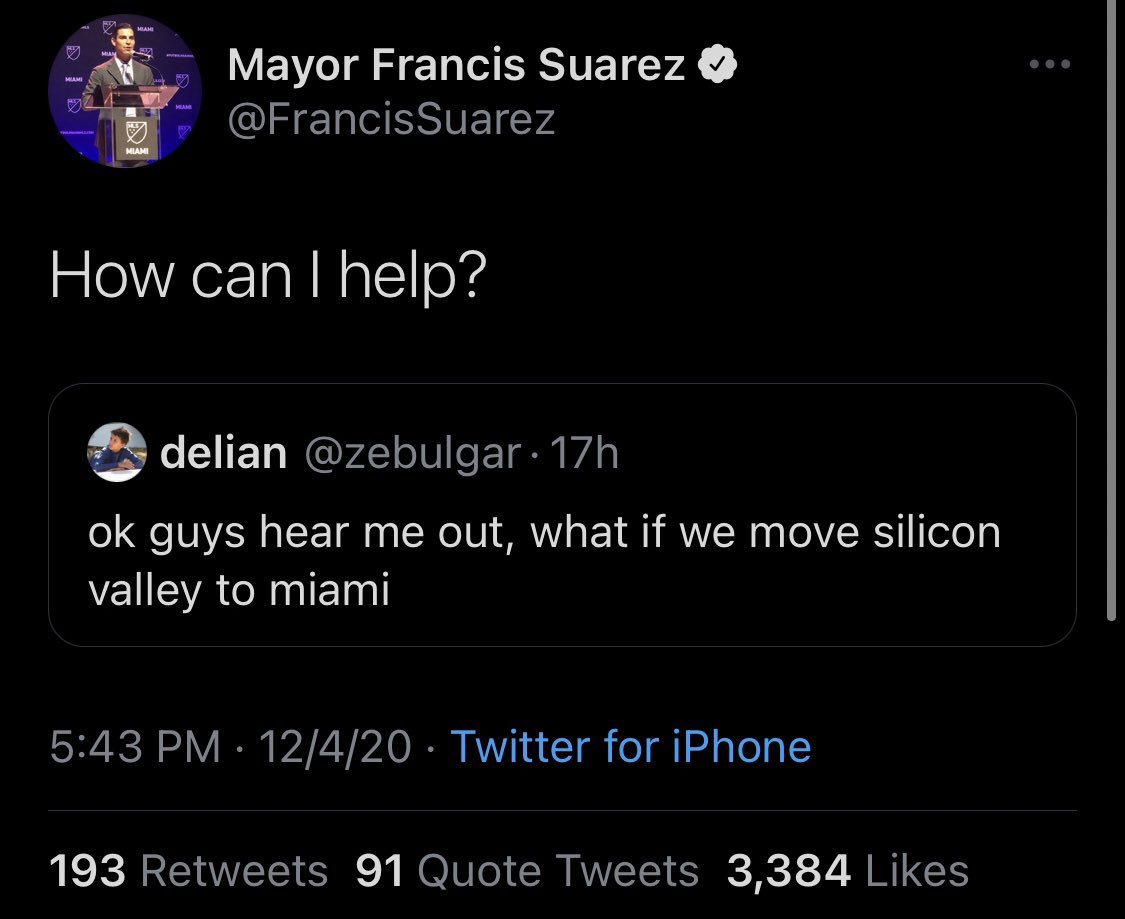 Mayor Suarez has single handedly reformed politics Twitter.First, politicians around the world now understand they can recruit constituents with their tweets.Second, they now understand they can *lose* constituents with their tweets.  https://twitter.com/rrhoover/status/1342691977800810496