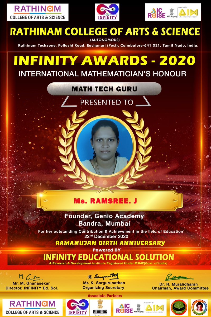 RathinamMatrix's tweet photo. #INFINITY #AWARDS_2020
Congrats!! We are very proud with you,
You are the INFINITY 2020 Awardee.. Keep up the good work Mam . Wishing you all the best!
@rathinamgroups @MathsWeekIndia @UKMathsTrust @ATMMathematics @AICTE_INDIA @MathsProf_india
@Ramsreejeyan @MumbaiEducation https://t.co/nChfKrmsBg