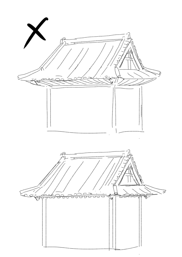 寺社建築の背景画で屋根の描写で良く見るのが上のパターン。垂木が見えるはずないのに描き込んでる人結構いると思う。屋根の傾斜からして絶対見えないのは分かると思う。 