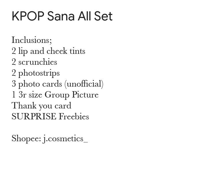 _jcosmetics's tweet photo. "KPOP" Sana All set for only 199 pesos only and get a chance to win UNSEALED Album of your choice.

Inclusions; 2 tints, 2 scrunchies, 2 photostrips, 2 pc (unof), 1 3r Grp photo, TY letter and SURPRISE freebies.

Shopee: j.cosmetics_

BTS; https://t.co/0hRIhlrYZ2