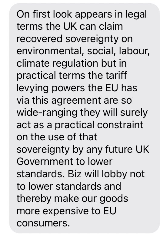 Last point from industry trade expert...Export businesses will not lobby for lower standards/ aggressive regulatory competition in this environment, indeed EU-facing ones will lobby against such moves if it risks retaliatory tariffs. Thoughts?