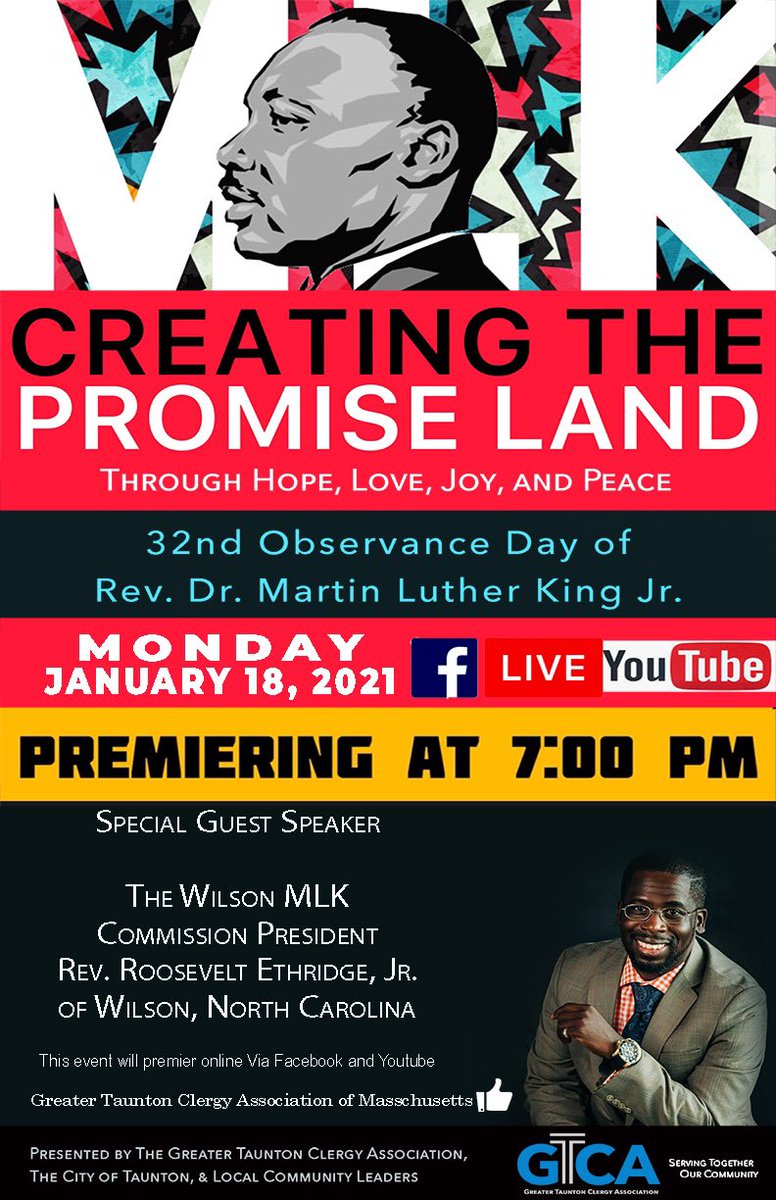 EROEU's tweet image. Join me (Roosevelt Ethridge) Monday, January 18, 2021 as I am the keynote speaker for Geater Taunton Clergy Association MLK Day Observance of Massachusetts. This event will premiere on Facebook and Youtube at 7pm.