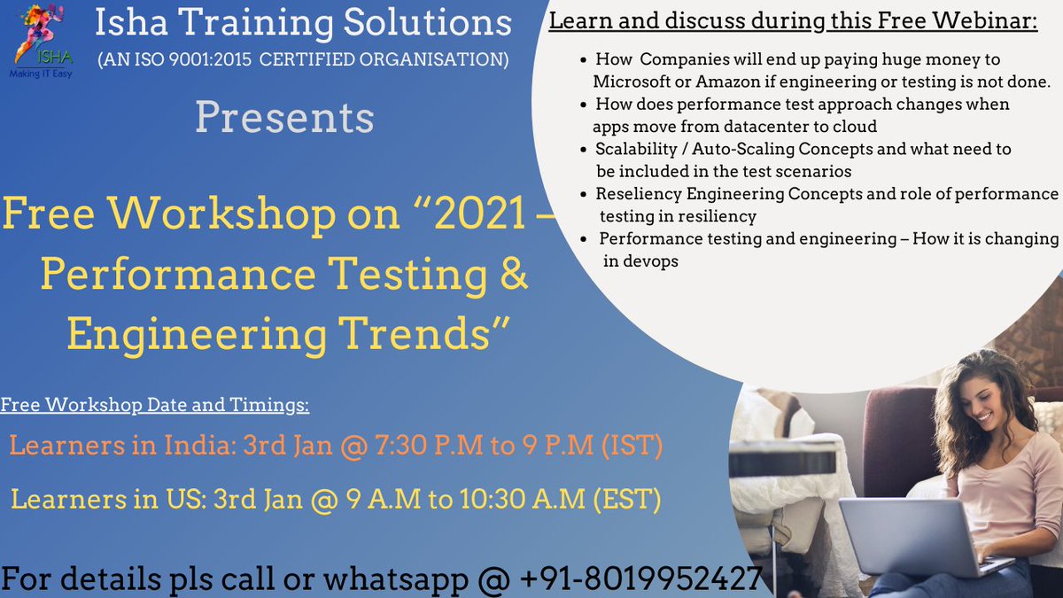 IshaKumargupta's tweet image. Isha Training Solutions presents Free Workshop on "2021–Performance Testing&Engineering Trends" Training
3rd Jan@7:30P.M(IST)/9A.M(EST)
Registrations can be done using below link
form.jotform.com/ishatrainingso…
call/whatsapp@+91-801995242
#performancetestinginsoftwaretesting #performance