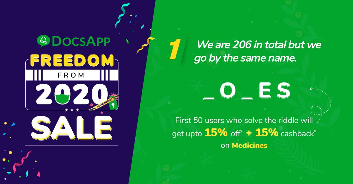 DocsApp_in's tweet image. #ContestAlert
Get ready for day 2 of our year-end giveaway on medicines orders & more.
Unlock your special discount by guessing the coupon code below.
#DocsApp #MediBuddy #AapkaHealthBuddy #ContestAlertIndia #Contest #GuessAndApply
