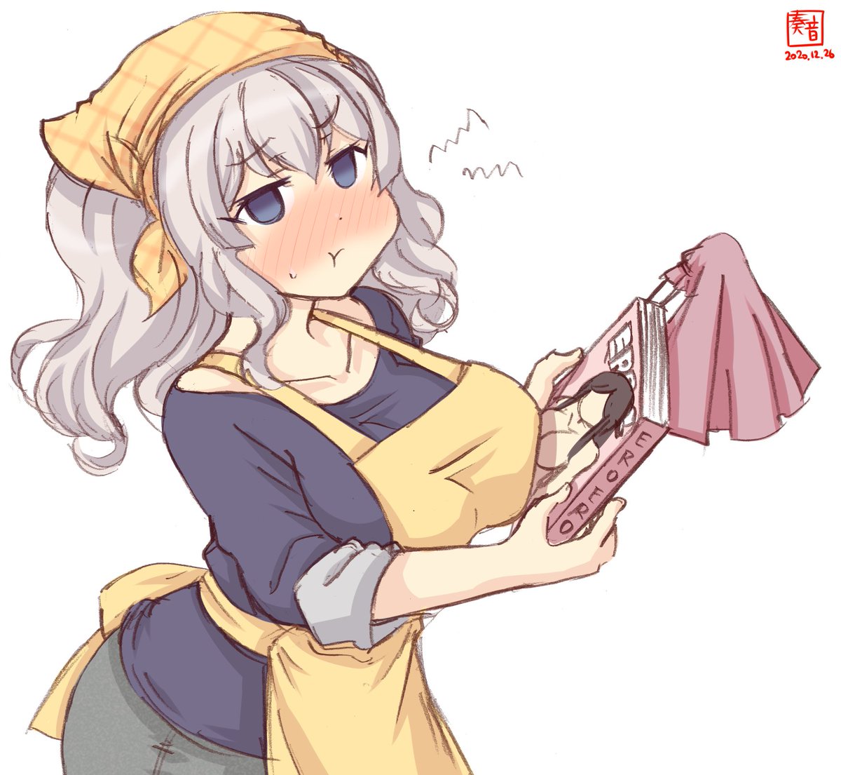 kashima (kancolle) artist logo yellow apron 1girl white background apron solo dated  illustration images