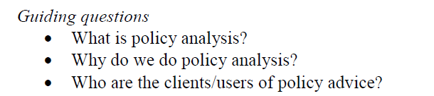 Another example: this is week 1 of my Public Policy Analysis class. I assign 3 readings, 2 assessments of the progress that the discipline has had (by Dr. Beryl Radin), and 1 definitional chapter by Weimer and Vining. I gave my studends Guiding Questions to help them make sense