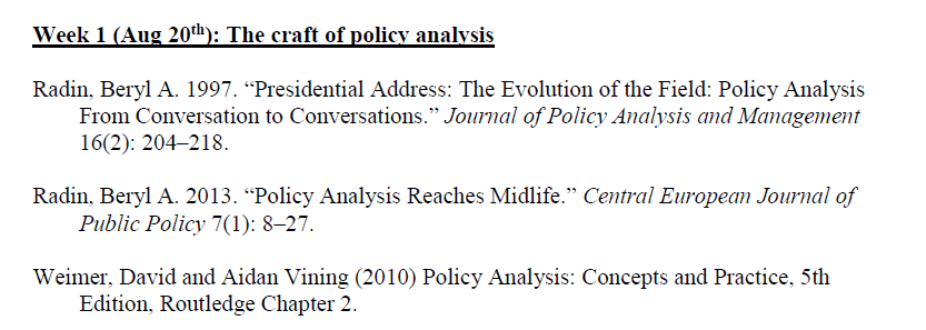 Another example: this is week 1 of my Public Policy Analysis class. I assign 3 readings, 2 assessments of the progress that the discipline has had (by Dr. Beryl Radin), and 1 definitional chapter by Weimer and Vining. I gave my studends Guiding Questions to help them make sense