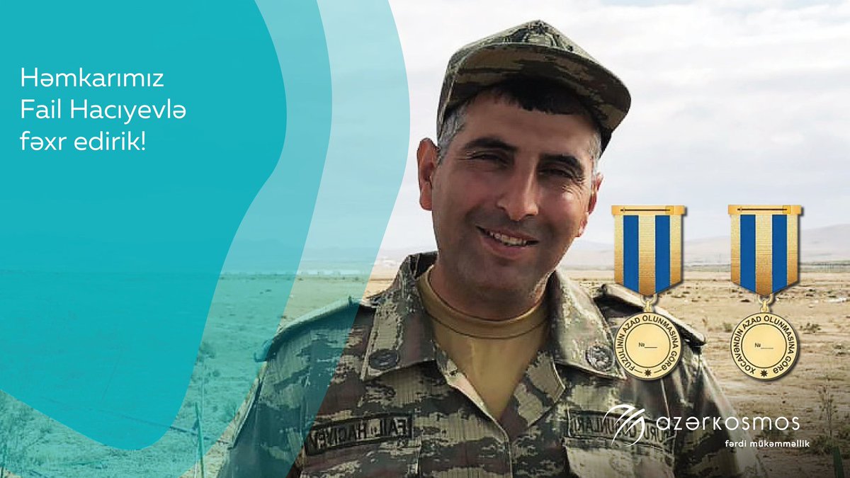 Vətən müharibəsinin könüllü iştirakçısı olan "Azərkosmos” ASC-nin əməkdaşı Fail Hacıyev Ali Baş Komandan İlham Əliyevin Sərəncamına əsasən “Füzulinin azad olunmasına görə” və “Xocavəndin azad olunmasına görə” medalları ilə təltif olunub. 
Yaşasın Azərbaycan Ordusu!