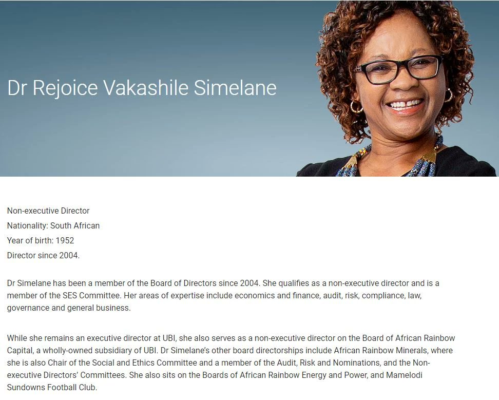 Dr. Rejoice Vakashile Simelane is one such director. She has a PhD in Economics from the University of Connecticut in the USA (1994) and an LLB from the University of South Africa (2010). She is Mamelodi Sundowns' representative on the PSL Executive Committee.