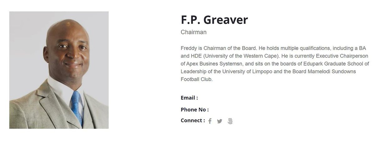 Freddy Percy Greaver is another board director who is also listed as a director of 15 other companies including Crosspoint Property Investments, Dubois Investments, Bluedoor Asset Management, and Greenpower Foods. He holds multiple qualifications, including a BA and HDE from UWC