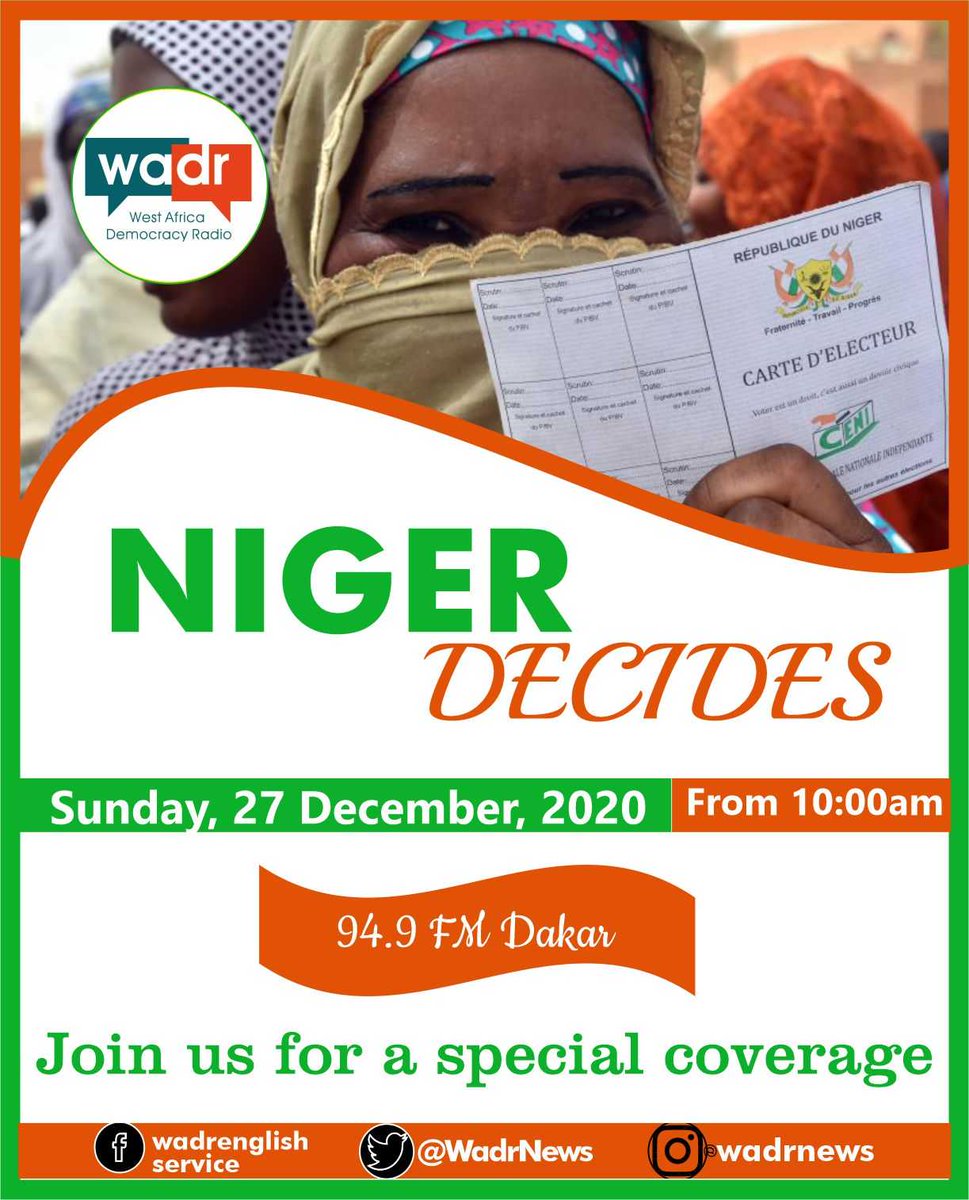 wadrenglish's tweet photo. Join us tomorrow for a special coverage as the Republic of Niger chooses a successor to President Mahamadou Issoufou.

#NigerElection #NigerVotes #NigerDecides https://t.co/Ky8p9vrsLM
