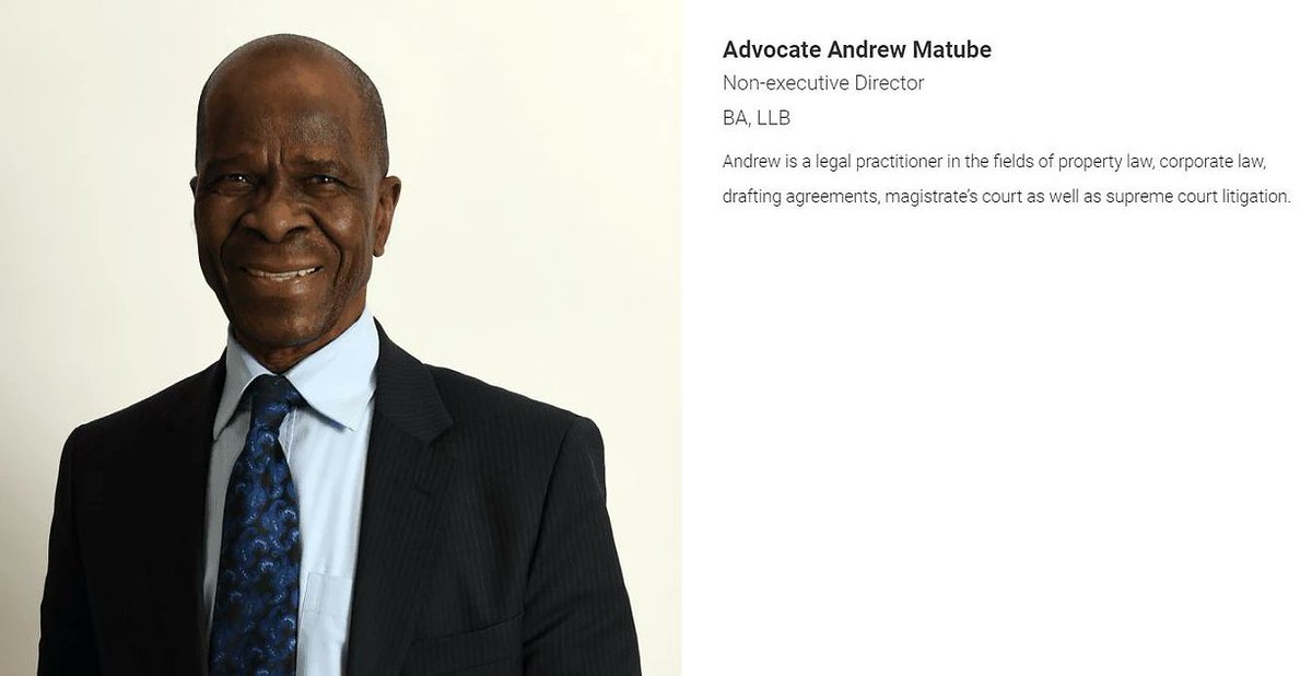 Little is known about Advocate Andrew Matube. He holds a BA and LLB. and since 1992 he has practiced law engaging in property and corporate law, criminal work and litigation. He served as the legal consultant for the South African Black Social Workers Association (SABSWA)