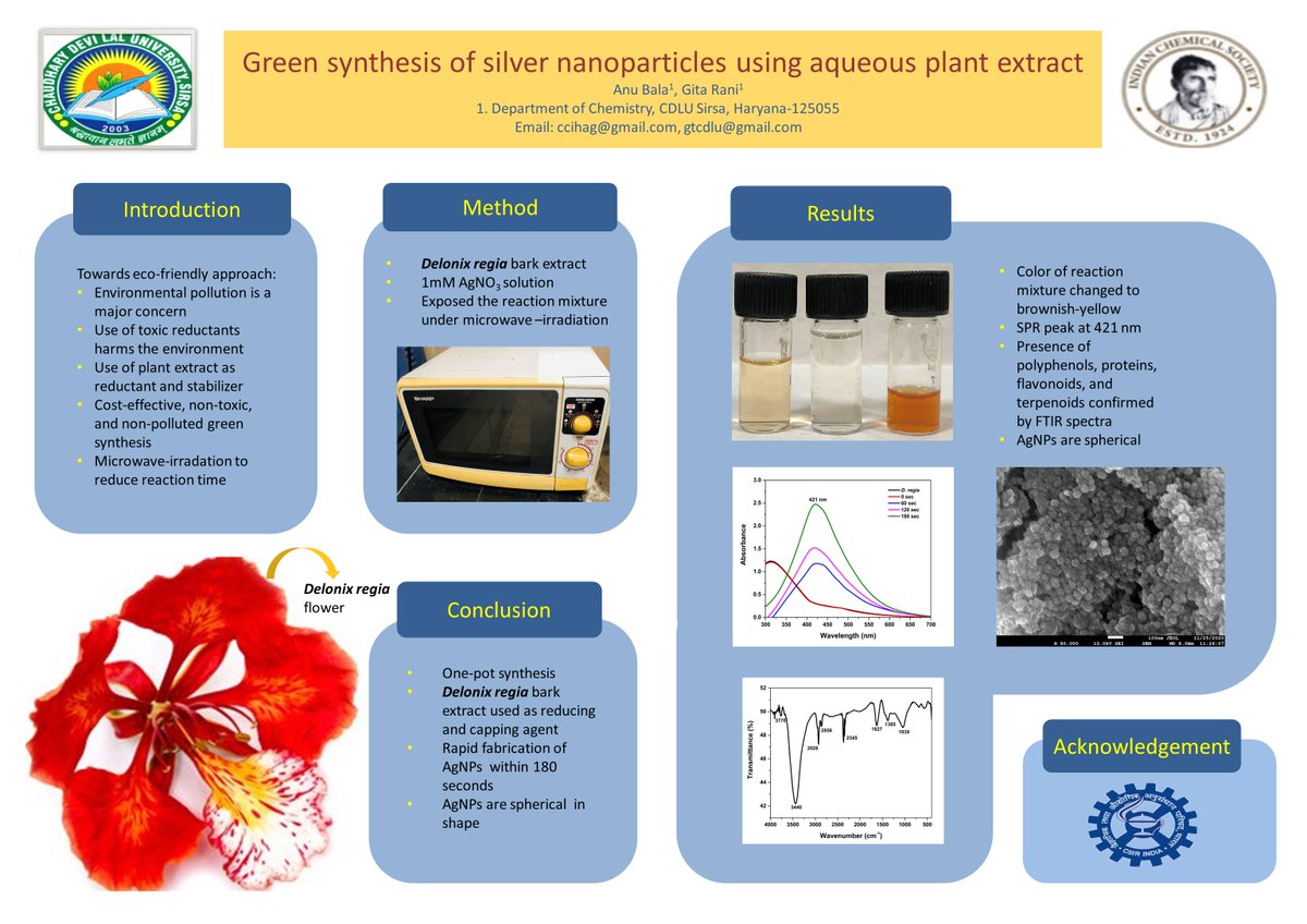 Poster presentation on "Green synthesis of silver nanoparticles using aqueous plant extract" ​ 
@​RTCS_OBC_IISERK ​#RTCS_OBC_poster