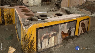 Extraordinary frescoes of animals revealed on the side of the bar counter in #Pompeii Region V that was partially excavated in 2019. The dog straining at the leash is incredible as the detail of the hen’s plumage. Two ducks await to be cooked. Photos: Luigi Spina | @pompeii_sites