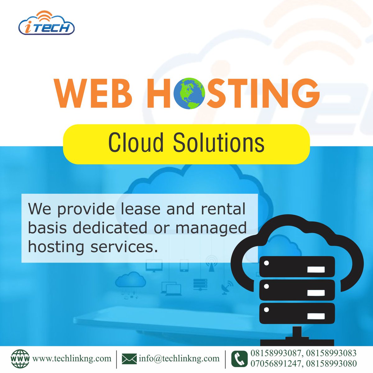 TechLink5's tweet image. WEB HOSTING.
We provide lease and rental basis dedicated or managed hosting services.
Click here: techlinkng.com/web-hosting/
to know more about our web hosting services.
#website #websitelaunch #webdesigncompany #websitehosting #hosting #cloud #cloudhosting #webhosting #hosting