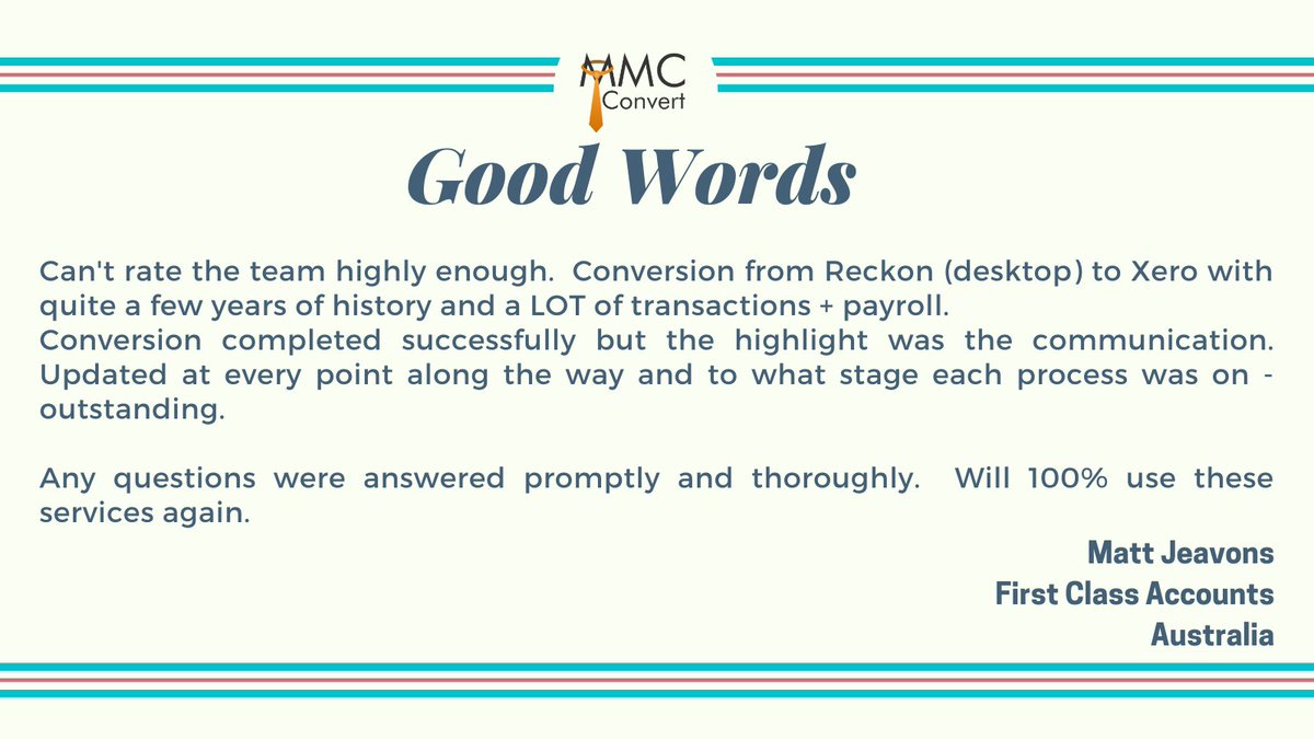 mmcconvert's tweet image. Thank you, Matt, for your kind words! It makes us happy to know that providing our clients with the best conversion services at MMC Convert is paying off. Once again, thank you for choosing us and writing us a Google Review.
#xero #xeroconversion  #mmcconvert