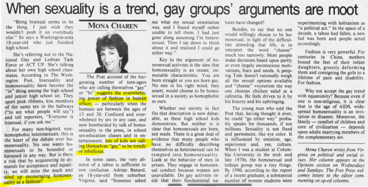 The Burlington Free Press (Burlington, VT), 1993-07-18'lots of kids are calling themselves "gay" to be trendy or rebellious'The Tampa Tribune (Tampa, Florida) 1977-11-13Majority Suffers Homosexual Fad"homosexuality is a cult"