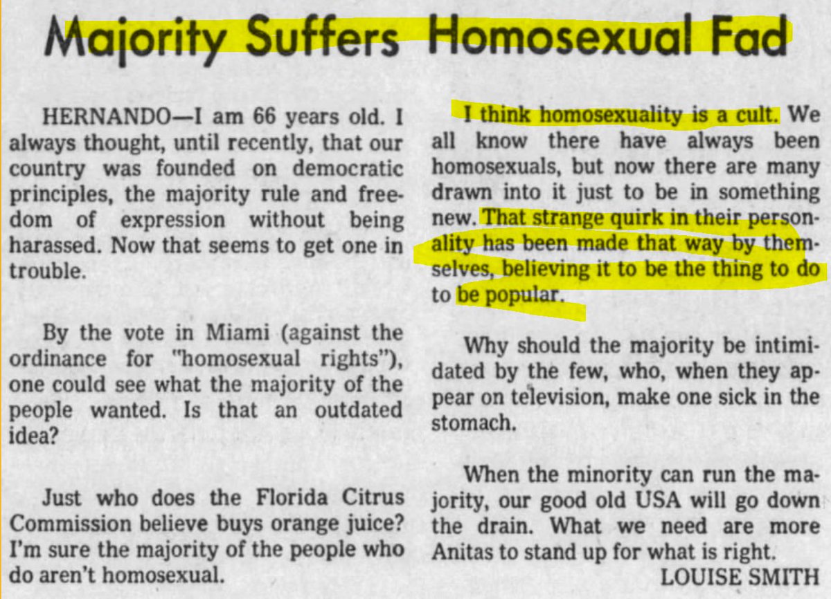 The Burlington Free Press (Burlington, VT), 1993-07-18'lots of kids are calling themselves "gay" to be trendy or rebellious'The Tampa Tribune (Tampa, Florida) 1977-11-13Majority Suffers Homosexual Fad"homosexuality is a cult"