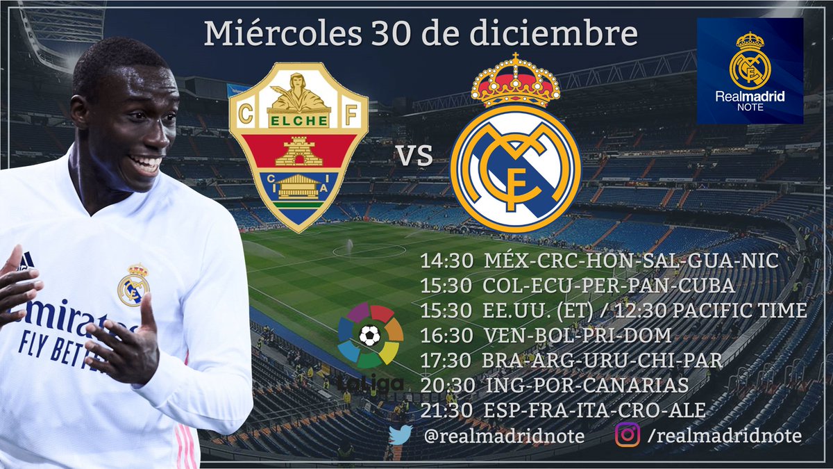 realmadridnote's tweet image. ⭐ 𝙋𝙍𝙊𝙓𝙄𝙈𝙊 𝙋𝘼𝙍𝙏𝙄𝘿𝙊 ⭐
⚽️ Elche 🆚 Real Madrid
📆 Miércoles 30 de diciembre
⌚️ 21:30 (Esp) 
🏆 La Liga #RMLiga 
➕ Sigan @realmadridnote

¡🔁 RT y ❤️ Like para que se enteren todos los madridistas!