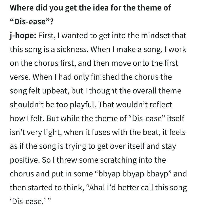 Times that Dis-ease, a song main produced by BTS j-hope, is praised on media But at first, we should get to know the key theme of the song and j-hope’s working process  https://magazine.weverse.io/article/view?colca=1&num=57&lang=en