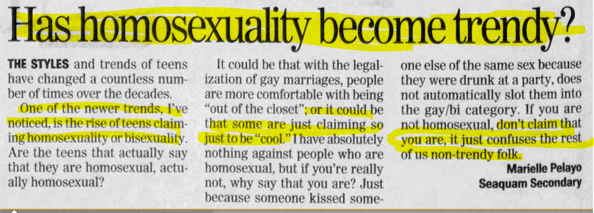 Surrey Leader (Surrey, BC) 2006-05-21Has homosexuality become trendy?'or it could be that some are just claiming so just to be "cool"'