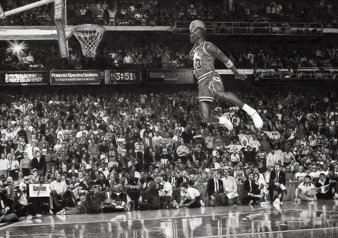 ChrisRossi23's tweet photo. This *hand drawing* of Michael Jordan’s famous dunk from the 1987 #SlamDunkCompetition took 250 hours to complete

#23 #Jordan #NBA #NBAXmas #NBATwitter https://t.co/qNeWJVV3vT