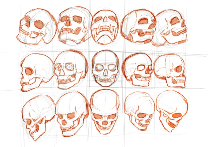 【練習001】上手くなりたいので、1から勉強。
描くたびに顔が違うし、骸骨に至ってはだんだん下手になるという。実際見て描くとこの角度の耳の位置がここにあるとか確認できるので良いです。 
