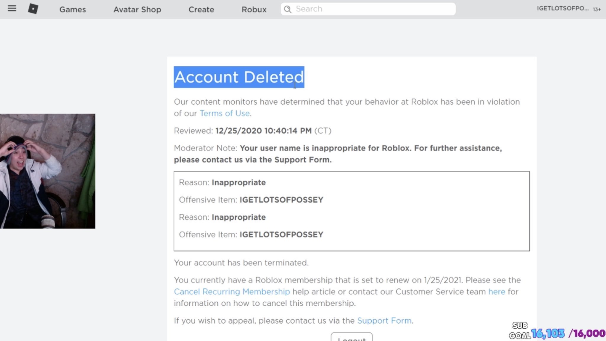 Rtc On Twitter Update Here Is Quackity S Moderation Note From Being Banned On Stream It Reads Account Deleted Your Username Is Inappropriate For Roblox For Further Assistance Please Contact Us Using The - roblox contact page