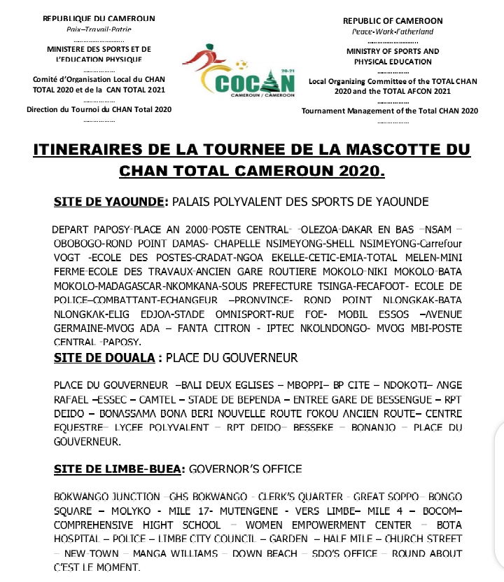 MASCOTTE TOUR CHAN TOTAL CAMEROUN 2020 : les itinéraires