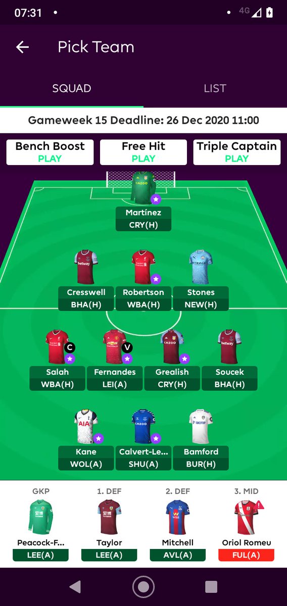 No idea what day it is but have remembered gw15 has started. Good job I sorted my team out on Christmas eve . Here's how we're rolling this week: