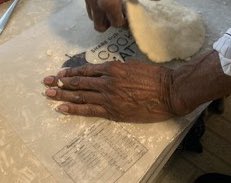 Granny using her hands and probably warning not to over mix the dough. “That’s why your biscuits don’t turn out right.” Plus, a shout out to  @nokidhungry Share our Strength which helps feed children.
