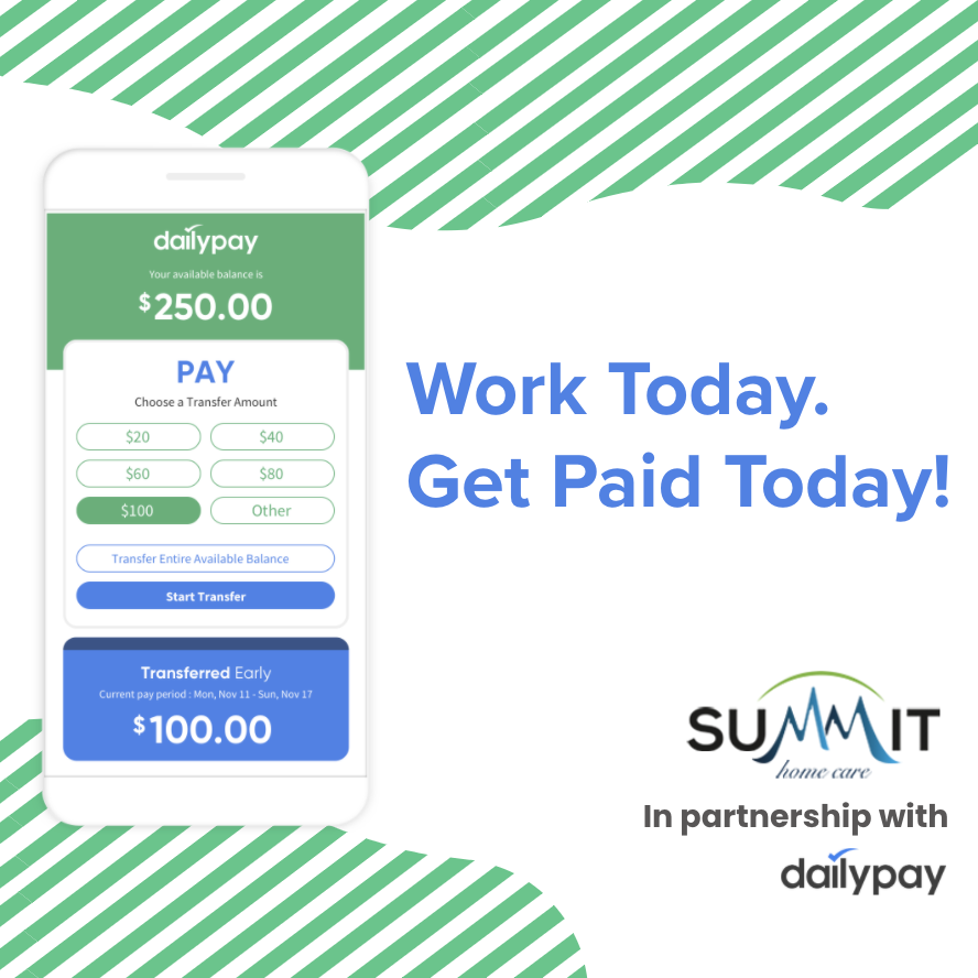 Summit_Homecare's tweet photo. SUMMIT HOME CARE IS NOW PARTNERED WITH DAILYPAY!!

Are you looking for steady employment with daily pay, flexible scheduling, competitive rates, PTO &amp; medical benefits? Click on the link below to start an application and let's get you working ASAP!! 

https://t.co/Y2xDhBjACY https://t.co/VeQKRCWd1O