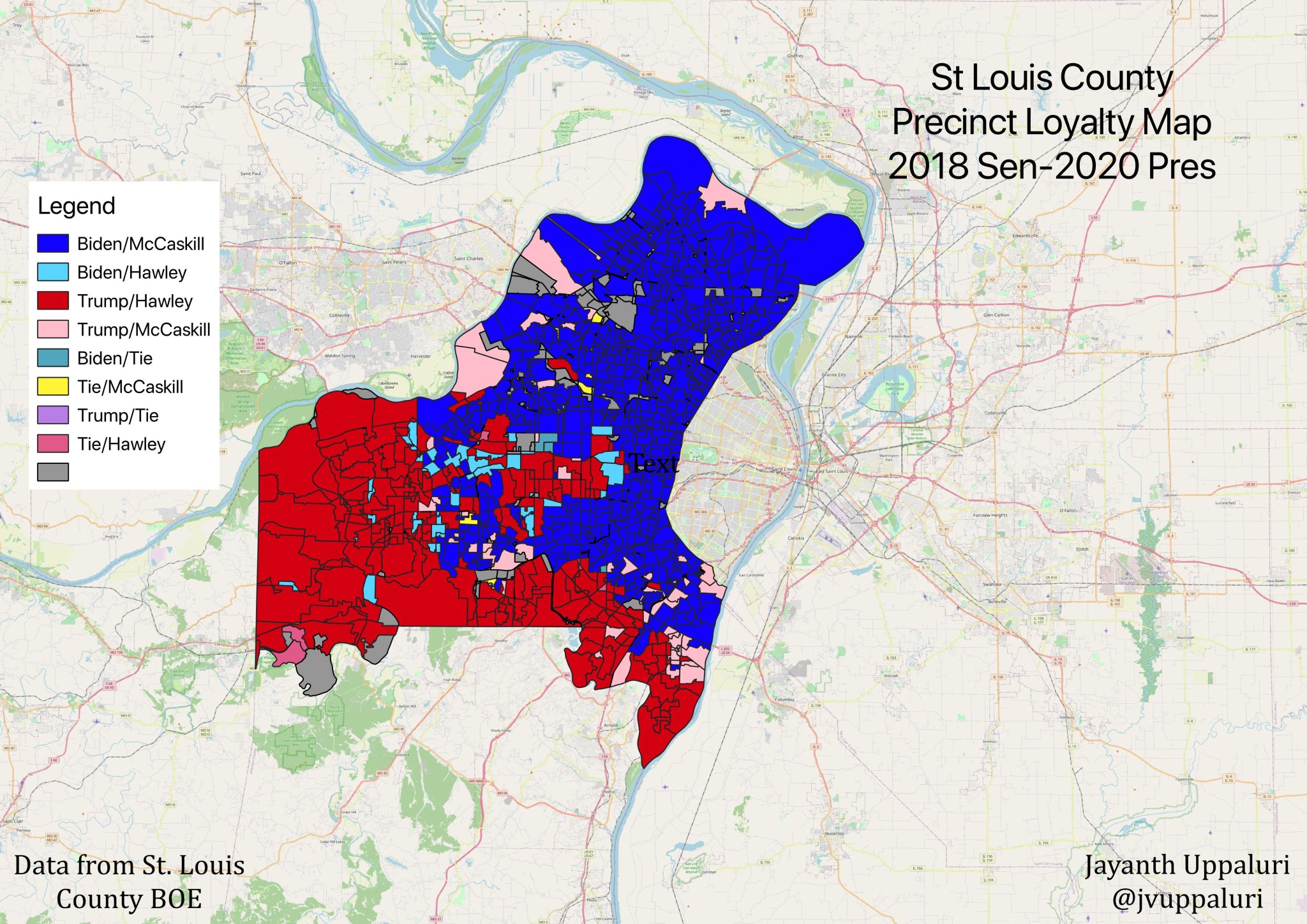 St Charles County Precinct Map Jayanth Uppaluri On Twitter: "(Thread) Here's An Interesting Map Of St. Louis  County... A Precinct Loyalty Map Between The 2018 Senate Election And The  2020 Presidential Election. Biden And Mccaskill Had Similar