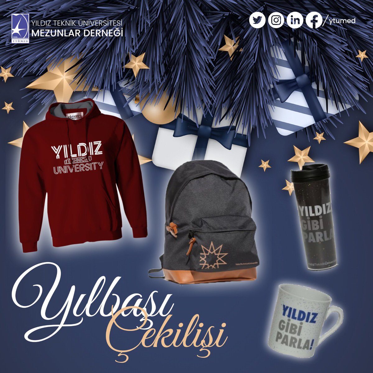 4  takipçimize @yildizedu Sweati, Çantası,Termosu ve Kupasından birini hediye ediyoruz.
Yılbaşı Çekilişi için;
✔️ <a href="/_ytumed/">YTÜ Mezunlar Derneği</a> hesabını takip et! 
✔️Gönderiyi beğen ve RT yap! 
✔️Yeni yıldan beklentilerini yorumda anlat ve
✔️Çekilişi görmesini istediğin 3 yıldızlı arkadaşını etiketle