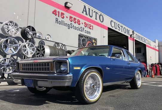 RollingStockSF's tweet photo. 17” Real Daytons wrapped with Vogue Tyres on  ‘76 Nova Concours 

Want to customize your ride? Call our team at ☎️ 415-558-9121

#Citybythebay
#carculture #bayareacars
#carlifestyle
#wheelshop https://t.co/4opi55aekj