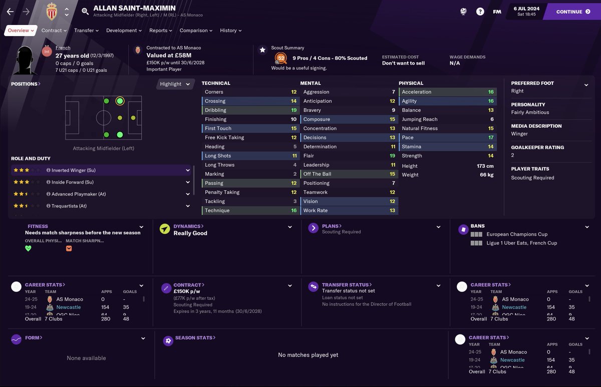 TRANSFERS OUT 24/25 - SUMMERAlso leaving after many years of quality service is ASM in a £45.5m deal to AS Monaco. He played 154 for the Toon and leaves a legend. #NUFC  #FM21  