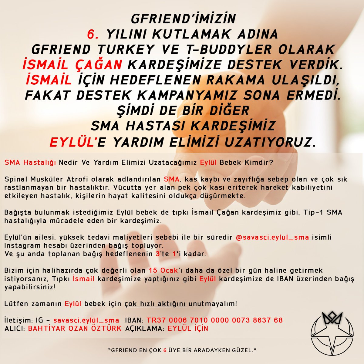 GFriendTR's tweet photo. [💜GFriend'in 6. Yılına Özel İkinci Bağış Etkinliği💙]

GFriend'imizin yeni yaşını daha anlamlı kılmak için ikinci projemiz!💗

6. yıla özel, SMA hastası bir bebek için elimizi taşın altına koyacağız.

15 Ocak 2021 tarihine kadar sürecek etkinliğimiz için detaylı bilgiler⬇️ https://t.co/WJ0f0bdrdE