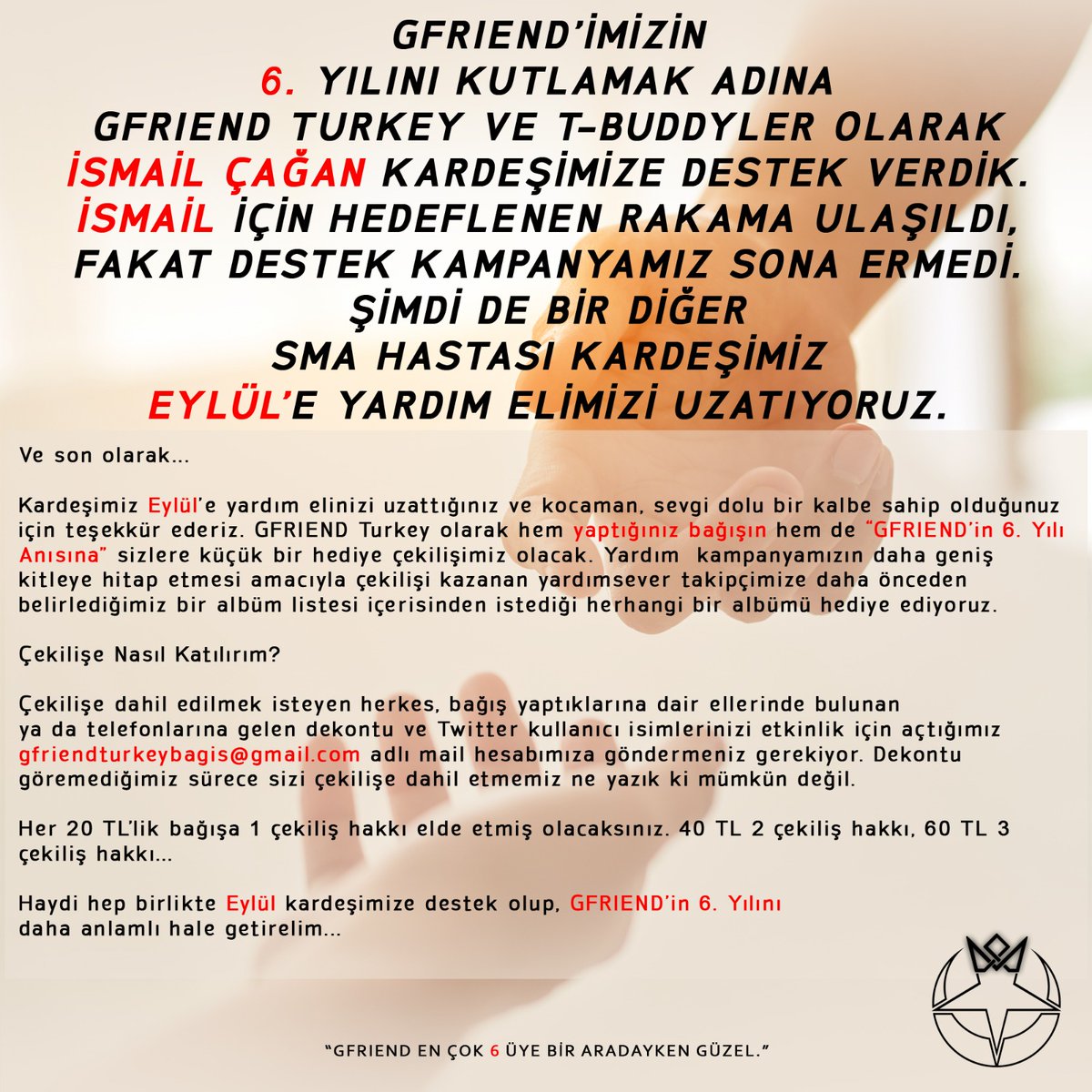 GFriendTR's tweet photo. [💜GFriend'in 6. Yılına Özel İkinci Bağış Etkinliği💙]

GFriend'imizin yeni yaşını daha anlamlı kılmak için ikinci projemiz!💗

6. yıla özel, SMA hastası bir bebek için elimizi taşın altına koyacağız.

15 Ocak 2021 tarihine kadar sürecek etkinliğimiz için detaylı bilgiler⬇️ https://t.co/WJ0f0bdrdE