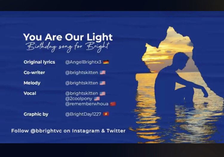 BbrightvcUSFC's tweet photo. Thank you @AngelBrightx3 from @BrightgermanFc for writing beautiful lyrics and started this beautiful project and @brightskitten @2coolpony @rememberwhoua to sing probably more than 20 times and remix several ways. We are all amateurs and first time writing songs #BrightBDPresent https://t.co/HgtmTpsYQx