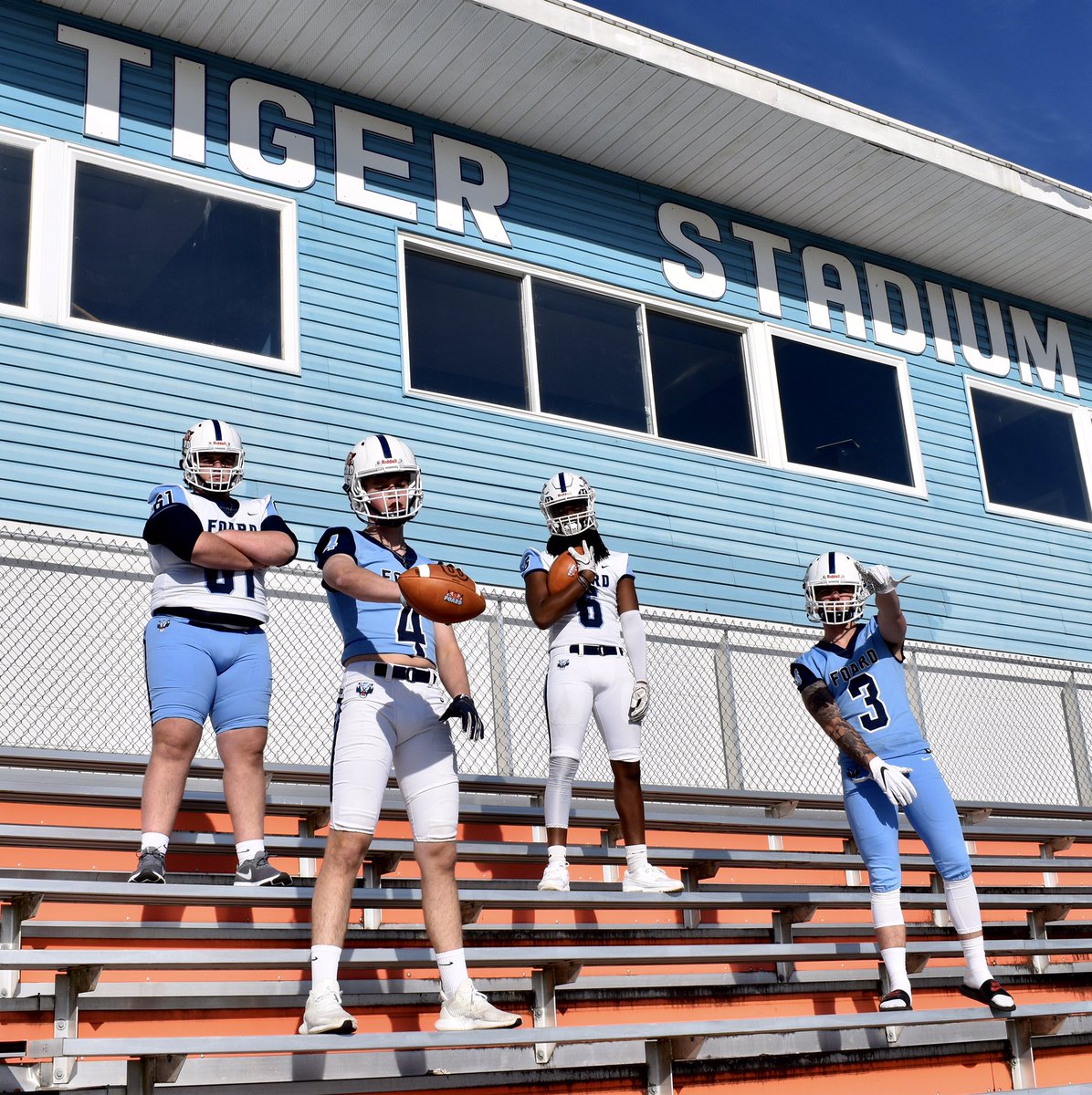 FoardFootball's tweet photo. Uniform combinations with the new white helmets. Our young men are ready to play! #BeAboutIt 🔥🐅❄️💪 https://t.co/gt4vk0AZui