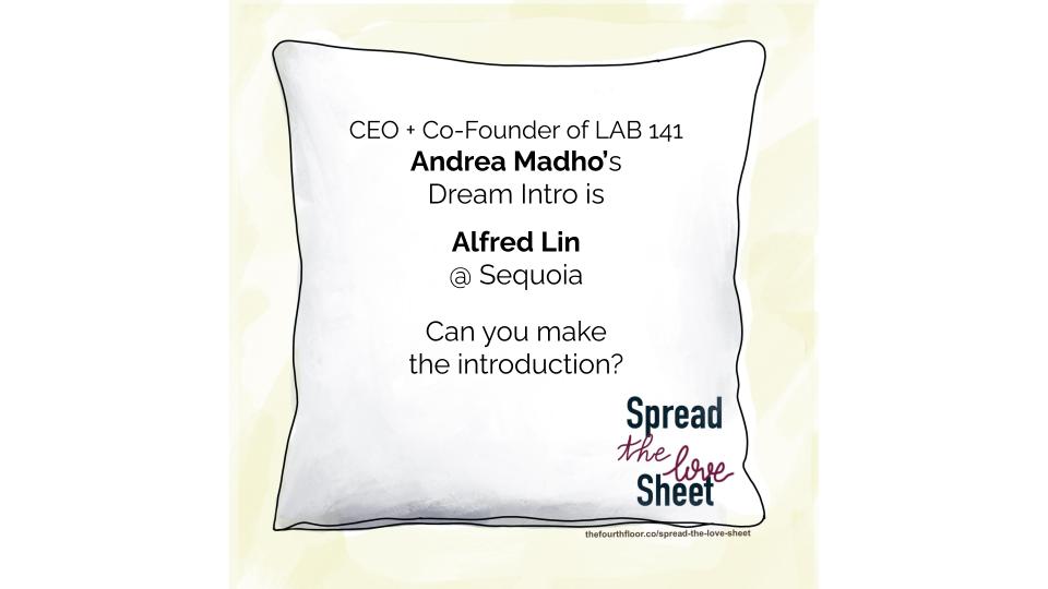 TheFourthEffect's tweet photo. Today we're sharing Co-Founder of @lab141nyc Andrea Madho's Dream Intro wish. Here's to hoping that someone here in our Twitter community can introduce Andrea to @Alfred_Lin  at @sequoia and make her wish come true. https://t.co/ibNKYFQ4Om