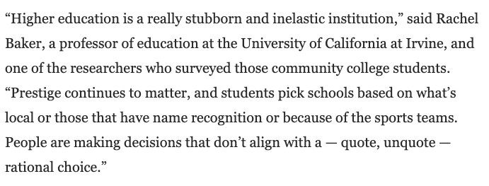 1) I have a ton of thoughts abt this but for now I'll focus on one: The way sources in this story define 'rational choice' is purely circular: 'rational choice' is defined by picking college & major based on ROI; if you don't you're 'irrational.' And yet... https://www.washingtonpost.com/local/education/college-major-salary/2020/12/24/cad0f5de-44b3-11eb-b0e4-0f182923a025_story.html