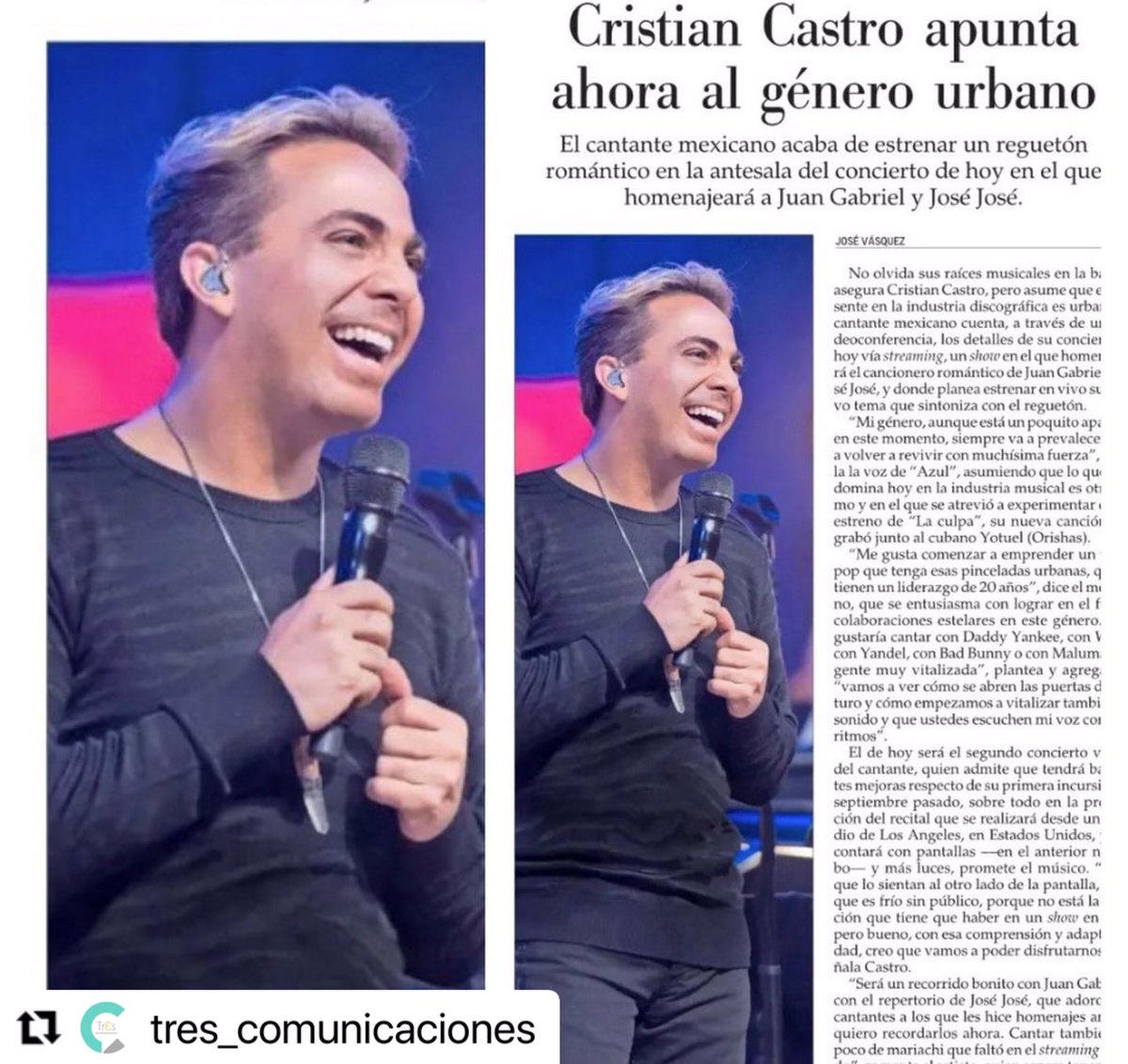 _Karlita__'s tweet photo. #info @cristiancastro conversa con el periódico chileno @ElMercurio_cl de lo que será esta noche su concierto #estreaming las sorpresas que dará a los chilenos de su tema #laculpa los homenajes a José José y Juan Gabriel #cristiancastro #cristiancastroenchile https://t.co/w132FiXldW