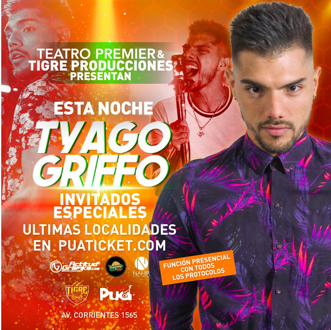 puaticketok's tweet photo. ESTA NOCHE ⭐️ @Tyago_Griffo 
#ÚLTIMASENTRADAS vení a disfrutar de una noche a puro cuarteto con invitados especiales 🙌🏼

20:30hs - Teatro Premier 📍// Adquirí tu entrada en https://t.co/CIQfV3lyeO 🎟

Produce @ElTigreMarcelo ✨

#tyagogriffo #música #show #teatro #hoy https://t.co/DxXztbatqx