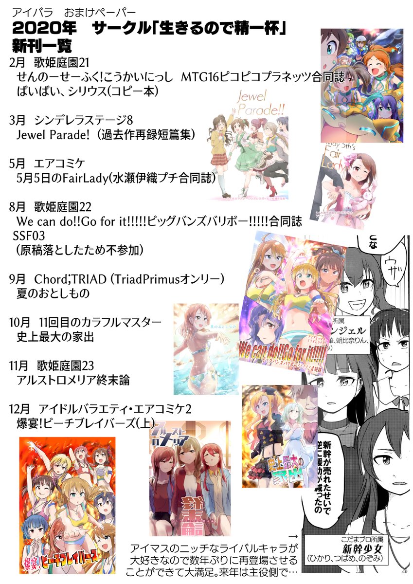サークル「生きるので精一杯」2020年新刊一覧。
計9冊。ポシャった分や収益化しなかった分(ネットに出した分)含めると二日に一遍くらいは漫画仕上げてたと思う。
コロナへの対応が見えてきて、転勤が終わった夏以降は業界支援意識して毎月新刊出してた 
