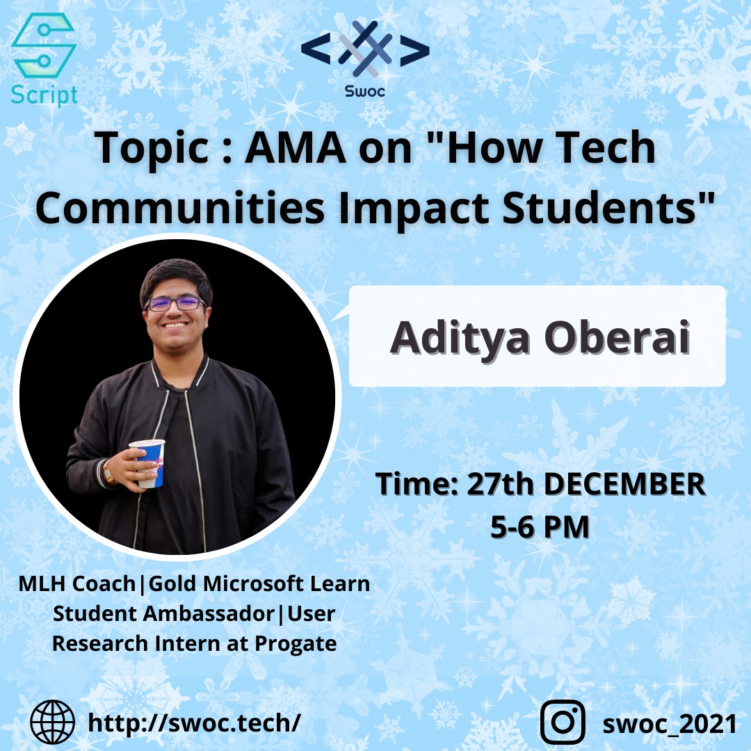 Social Winter Of Code (SWOC) (@_swoc_) on Twitter photo Ever wondered why you should join a community?
How can a community leader help you?
Do you want to become a leader as well?
Get a chance to interact with <a href="/adityaoberai1/">Aditya Oberai</a> ,MLH Coach,Gold MLSA in a AMA How tech communities can help students.
Register Here:
airmeet.com/e/7a370dc0-475… Ever wondered why you should join a community?
How can a community leader help you?
Do you want to become a leader as well?
Get a chance to interact with <a href="/adityaoberai1/">Aditya Oberai</a> ,MLH Coach,Gold MLSA in a AMA How tech communities can help students.
Register Here:
airmeet.com/e/7a370dc0-475…