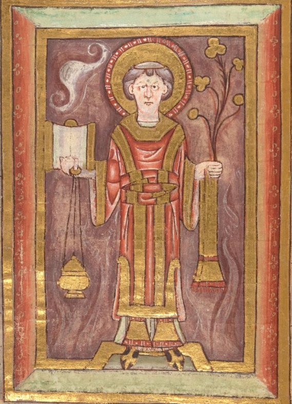 St Stephen in red and gold, from an Anglo-Saxon liturgical manuscript (BL Cotton Caligula A XIV, f. 3v)  http://www.bl.uk/onlinegallery/onlineex/illmanus/cottmanucoll/s/011cotcala00014u00003v00.html