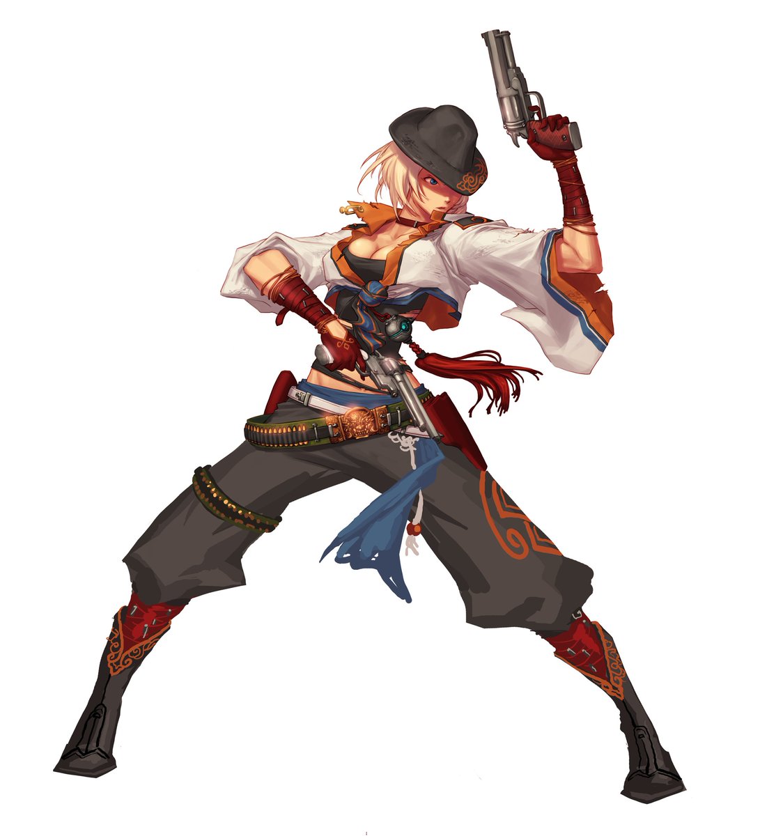 Franger is actually different. She's more close range compared to her male counter part, because she's more kick heavy. She also has gunblades so some of her gun kata will have more range.